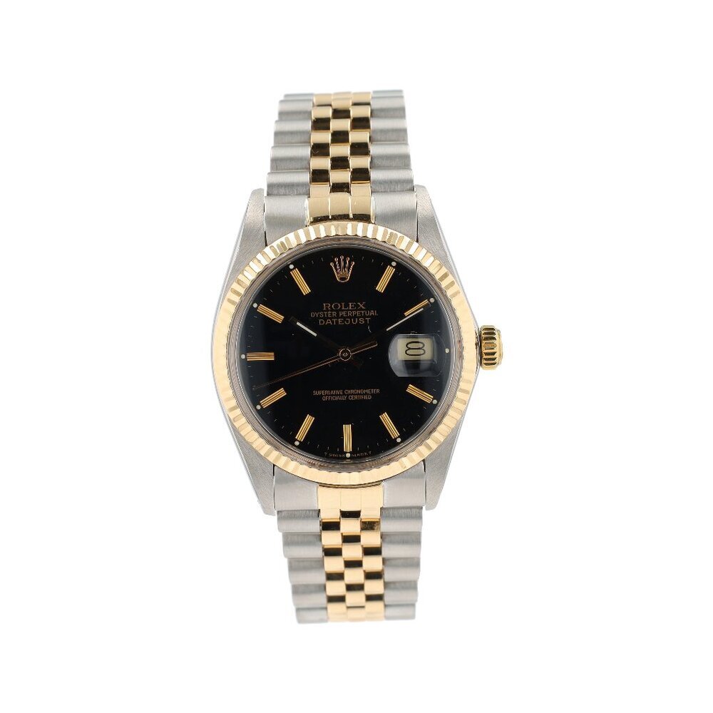 Rolex Datejust 16013 36mm Black Index Dial 18K Yellow Gold Bezel Jubilee Band